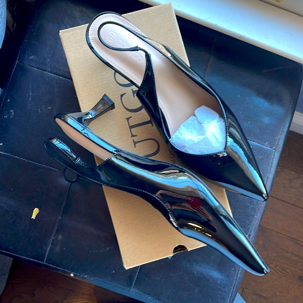 Coutgo women’s sling back kitten heel hshoes, sz 11, faux black leather